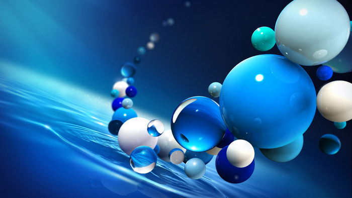 Abstract blue spheres on a flowing blue background