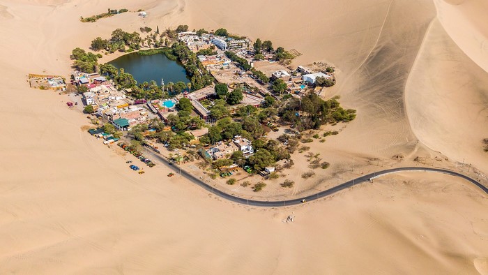 Aerial view of Huacachina oasis in the desert of Peru