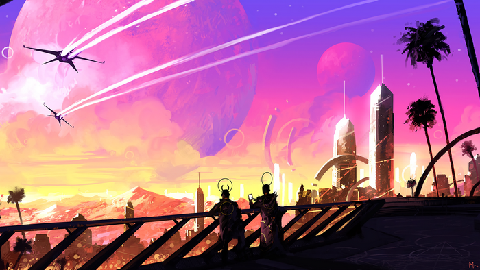 Science fiction city with planets and aircraft