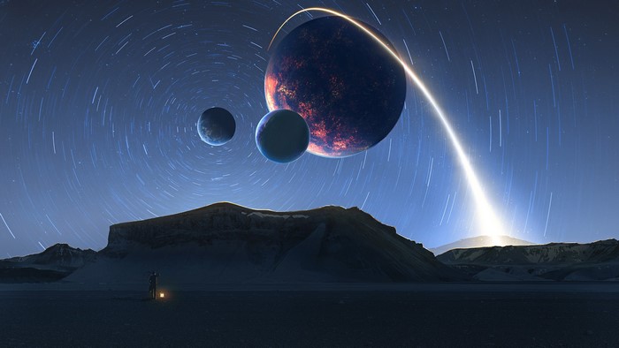 Alien landscape with planets and star trails