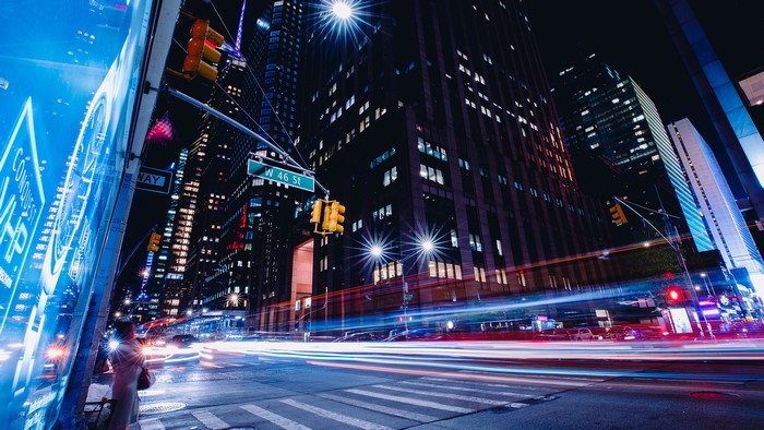 New York City street at night with light trails