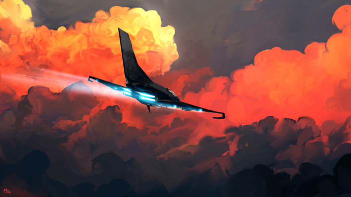Futuristic aircraft flying through fiery clouds at dusk