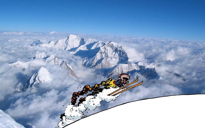 Calvin from Calvin and Hobbes skiing down a snowy mountain