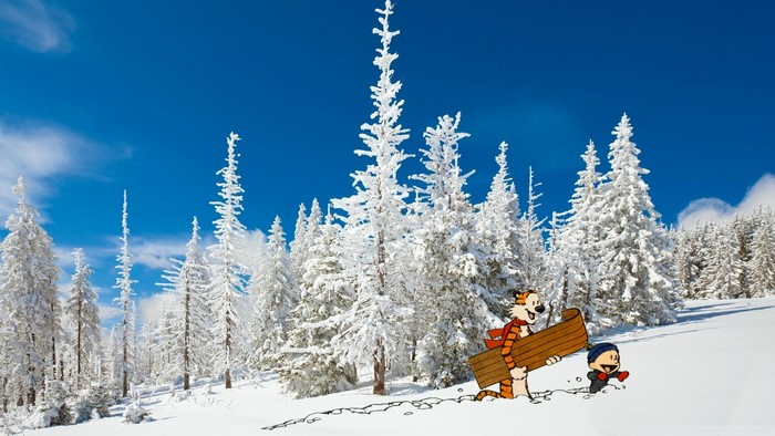 Calvin and Hobbes in a snowy forest with a sled