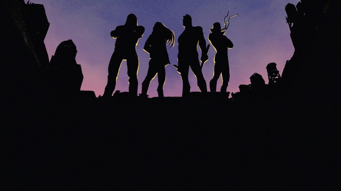 The Defenders silhouetted against a purple sky