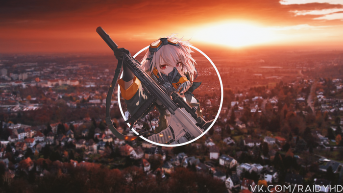 Anime girl with a rifle at sunset