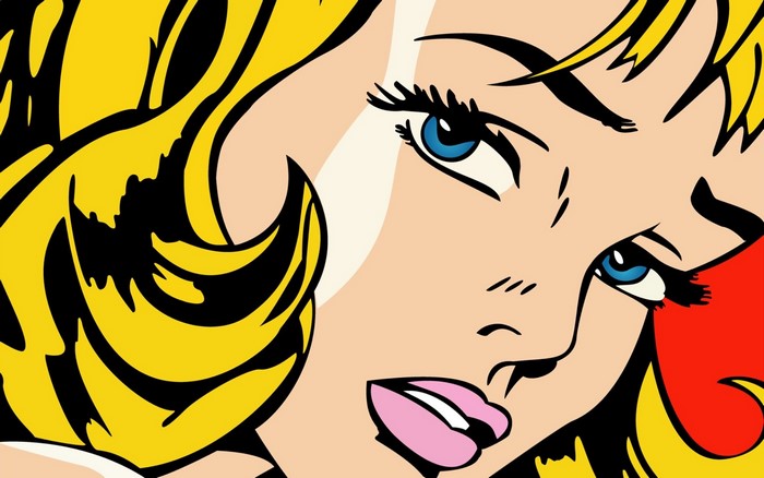Pop art portrait of a blonde woman with blue eyes