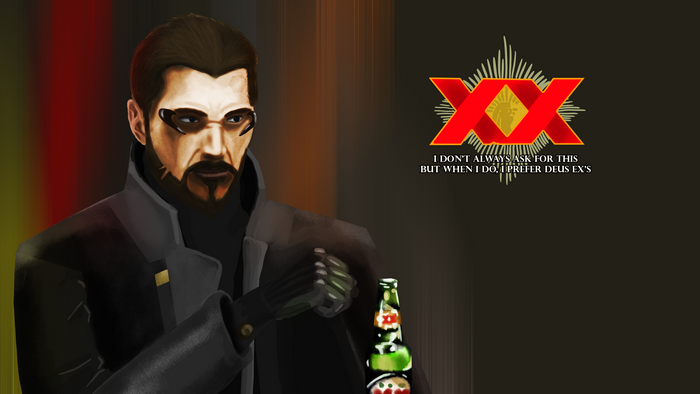 Adam Jensen from Deus Ex with XXX beer