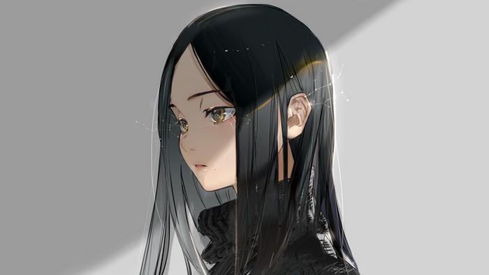Anime girl with long black hair and yellow eyes