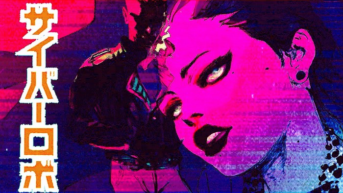 Cyberpunk woman and man with Japanese text