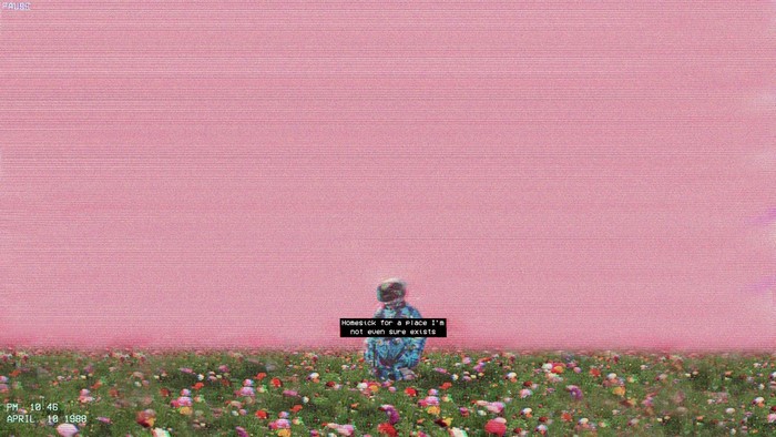 Astronaut in a flower field with glitch art effect