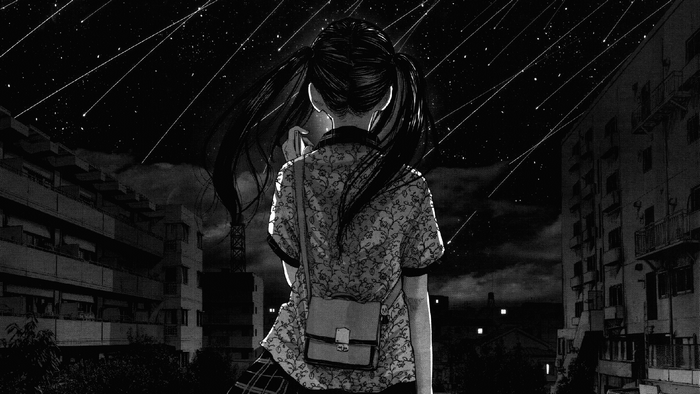 Girl with twintails looking at the night sky in a city