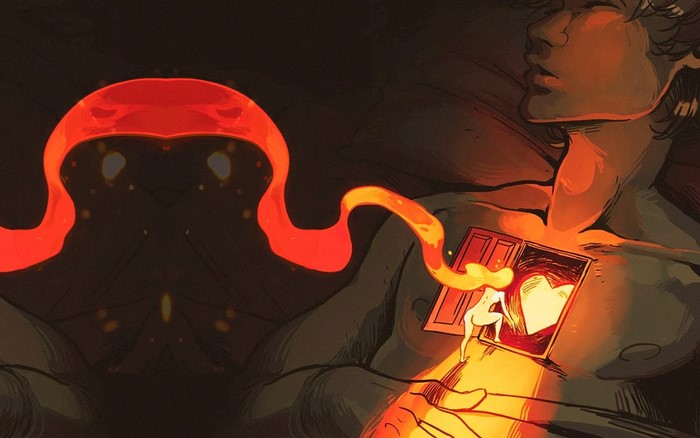 Artwork of a person with a glowing heart and fiery tendrils