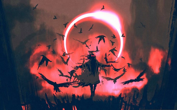 Horror illustration of a figure surrounded by crows during an eclipse