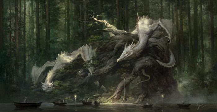 Dragons in a mystical forest with boats on a lake
