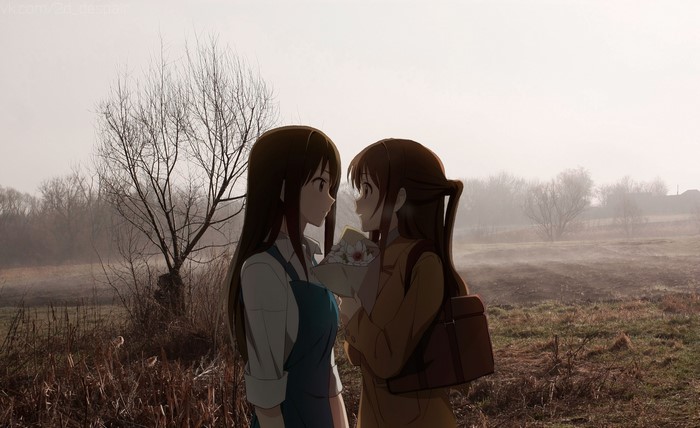 Two anime girls in a misty field