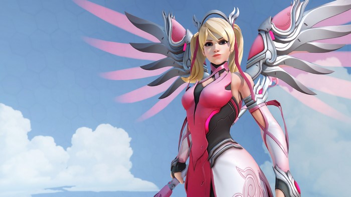 Mercy from Overwatch with pink wings
