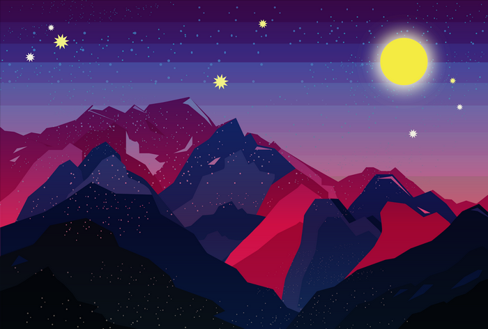Abstract mountain landscape at night with moon and stars