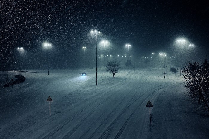 Car driving on a snowy road at night