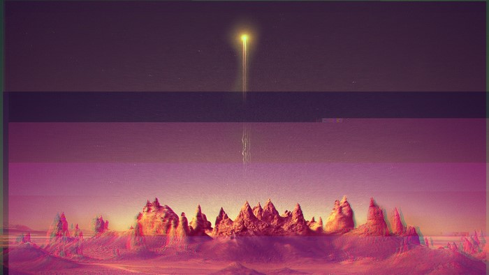 Glitch art landscape with rock formations and light beam