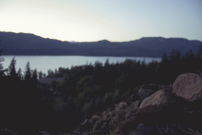 Forest, lake, and mountains at dusk