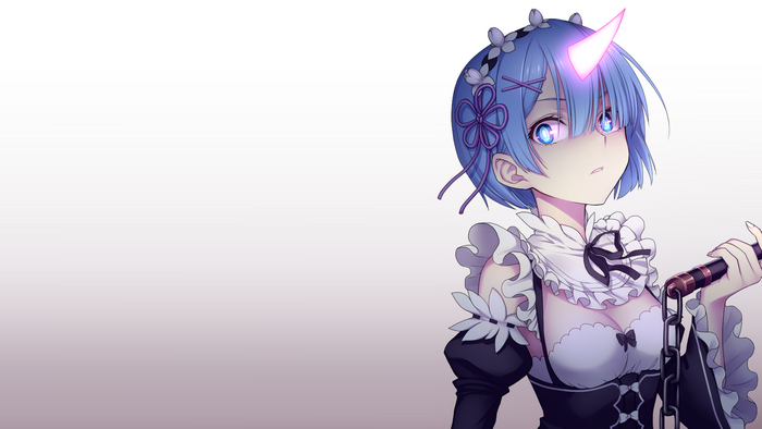 Rem from Re:Zero with a unicorn horn and flail