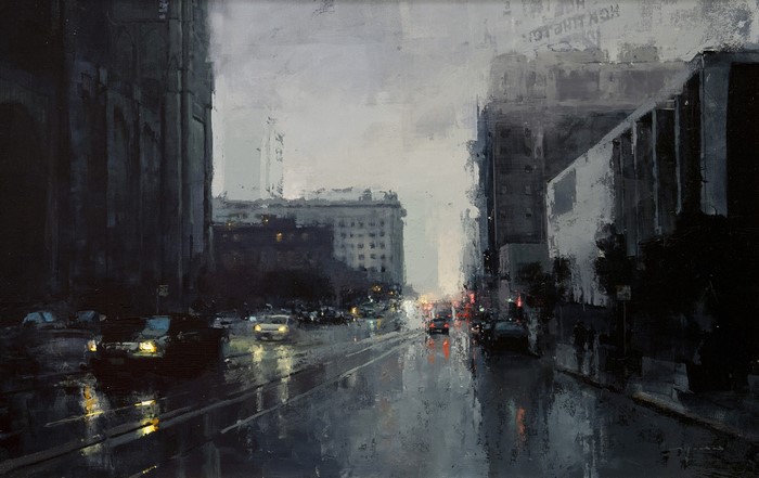 Painting of a rainy cityscape with traffic