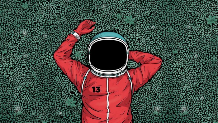 Astronaut lying in green foliage artwork