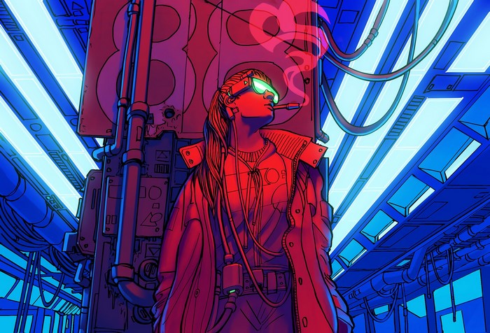 Cyberpunk woman smoking in neon-lit industrial setting