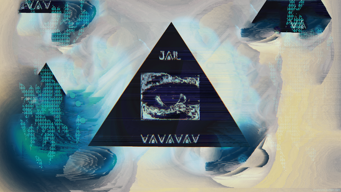 Glitch art triangle with eye and text