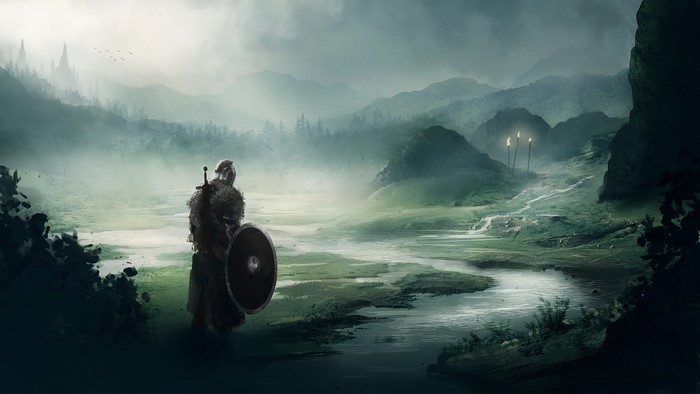 Dark Souls fan art of a warrior in a misty landscape