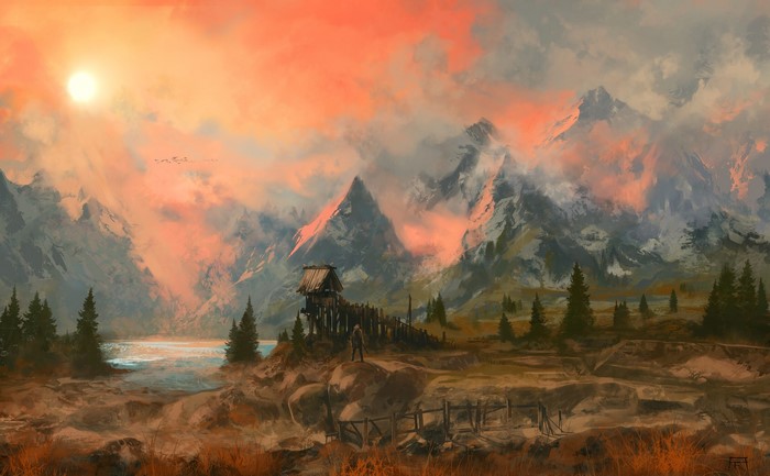 Digital art of a mountain landscape at sunset