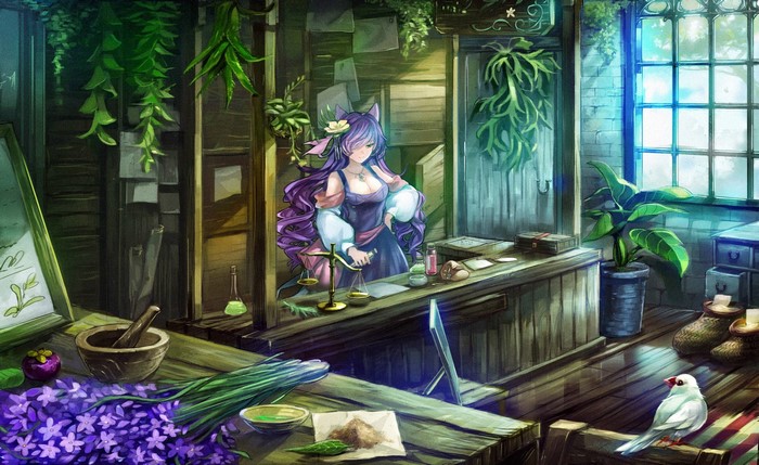 Anime girl with purple hair in a plant shop