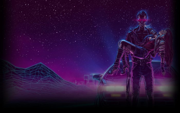 Man carrying woman by retro car with mountains and stars