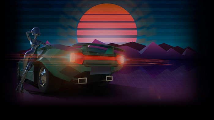 Robot woman leaning on a sports car at sunset