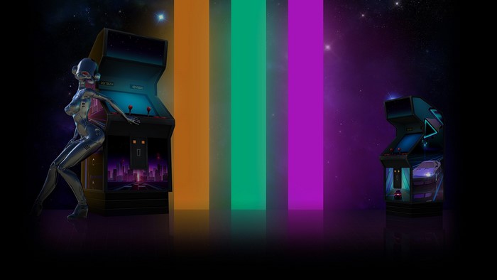 Robot girl and arcade machines in neon space