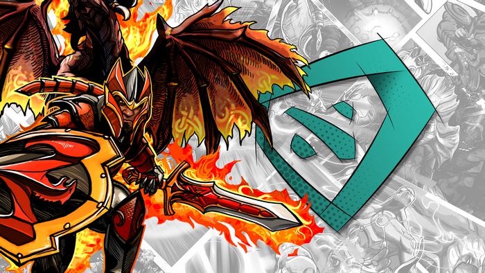 Dragon Knight from Dota 2 with flaming sword and shield