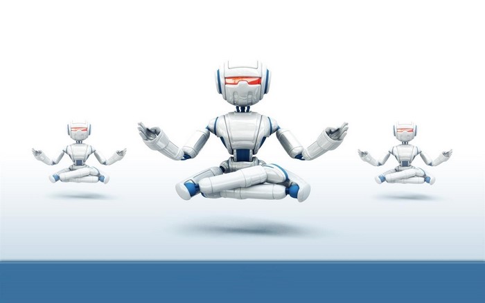 Three robots meditating on a white background