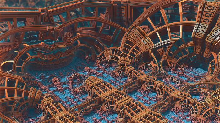 Abstract fractal render with orange and blue structures