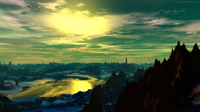 Alien landscape with mountains and a bright sun