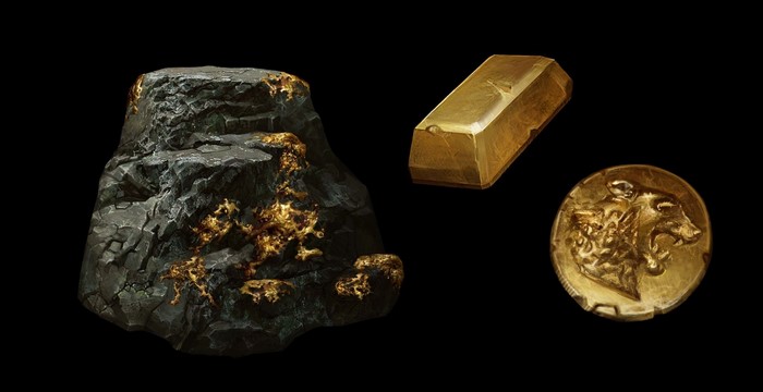 Gold nugget in rock, gold bar, and ancient coin