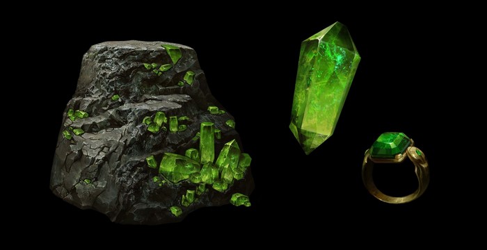 Green crystals on rock, large crystal, and ring