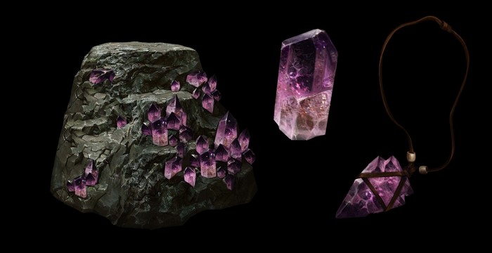 Amethyst crystals on rock and necklace