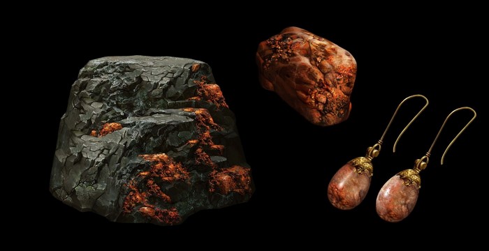 Raw ore and earrings on black background