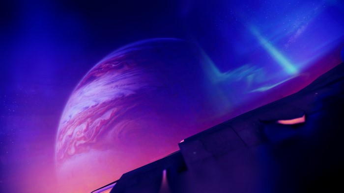 Warframe space scene with planet and aurora