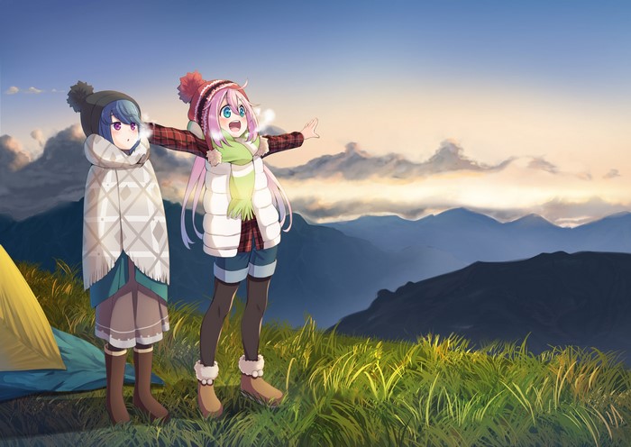 Rin Shima and Nadeshiko Kagamihara from Yuru Camp on a mountain