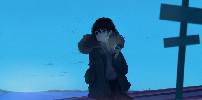Anime girl in a coat holding a cellphone