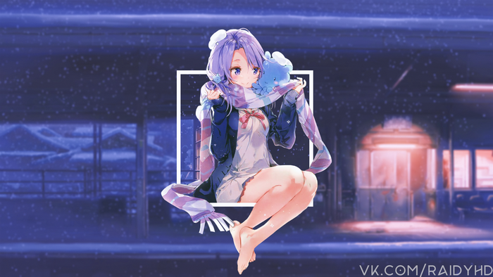 Anime girl with blue creature and scarf in snow