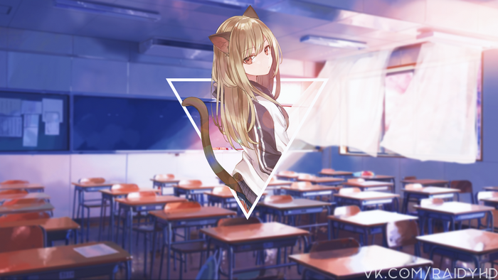 Anime girl with cat ears in a classroom