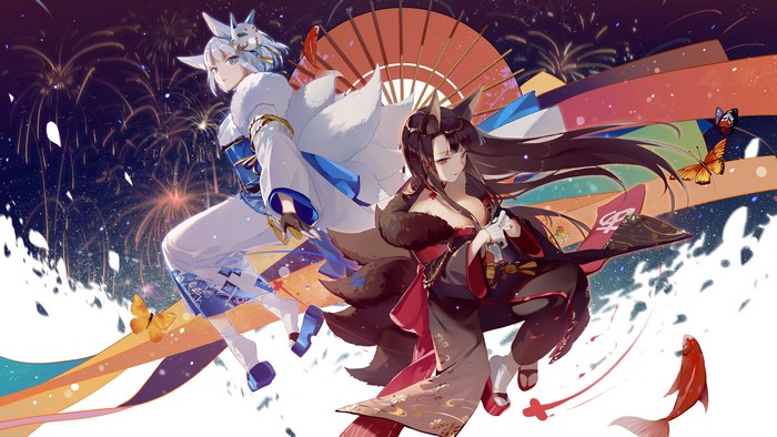 Azur Lane 4K: Two Fox Girls with Fireworks